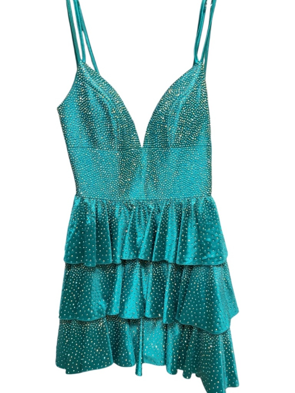 Sherri Hill Teal Rhinestone Satin Tiered Homecoming Dress